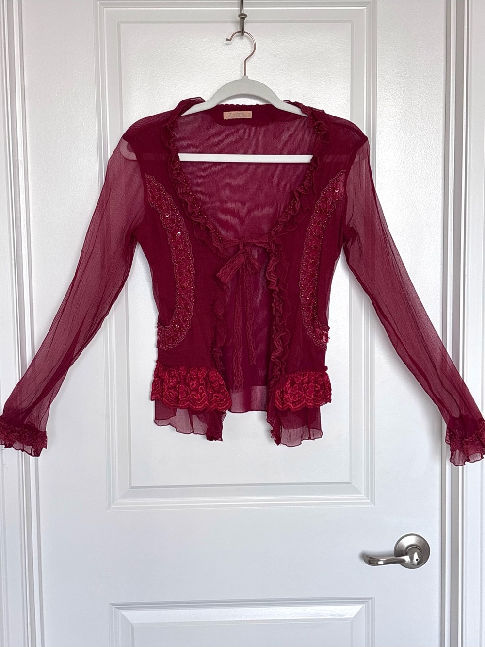 Vintage J2D 75% Silk Burgundy Beaded Ruffle Tie Front Blouse Fairycore Y2K S - Picture 2 of 11